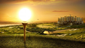 Картинка 3д+графика природа+ nature город холмы трава светильник небо закат море птицы дом здание озера водоемы