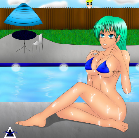 Обои картинки фото рисованные, люди, бассейн, взгляд, девушка