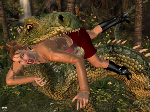 Обои картинки фото 3д графика, фантазия , fantasy, девушка, динозавр, лес
