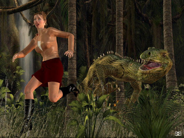 Обои картинки фото jasmine, 3д графика, фантазия , fantasy, девушка, динозавр, лес