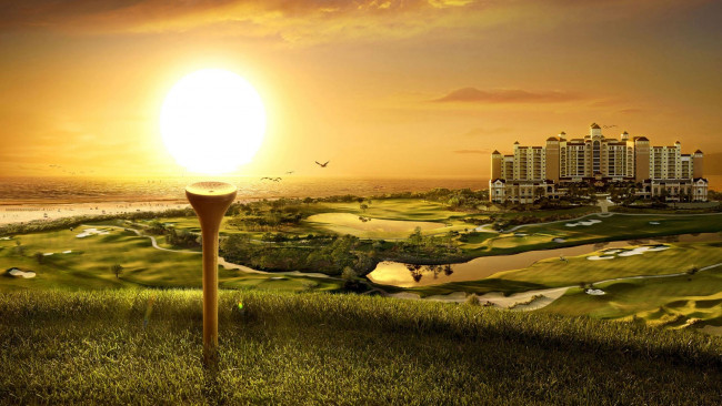 Обои картинки фото 3д графика, природа , nature, город, холмы, трава, светильник, небо, закат, море, птицы, дом, здание, озера, водоемы