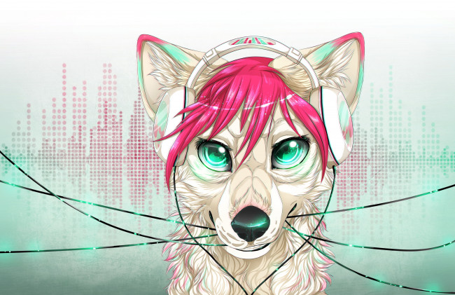 Обои картинки фото рисованные, животные,  собаки, наушники, арт, белая, собака