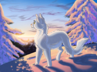 Картинка рисованное животные +коты кот снег лес фон взгляд