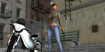 Картинка 3д+графика люди+ people мотоцикл оружие фон взгляд девушка