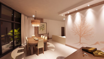 Картинка 3д+графика реализм+ realism светильник стулья стол столовая картина