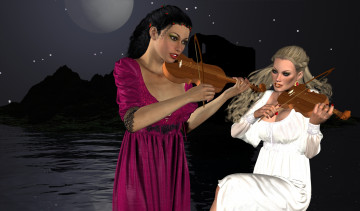 Картинка 3д+графика люди+ people фон скрипки взгляд девушка