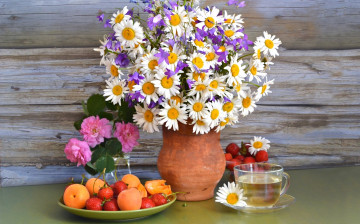 Картинка еда натюрморт ромашки колокольчики ягоды абрикосы клубника чай розы кувшин букет лето