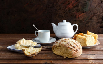 Картинка еда хлеб +выпечка натюрморт посуда масло чайник чашка