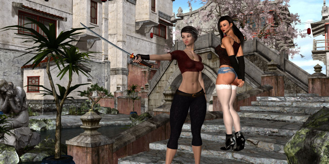 Обои картинки фото 3д графика, люди , people, фон, взгляд, девушки, оружие