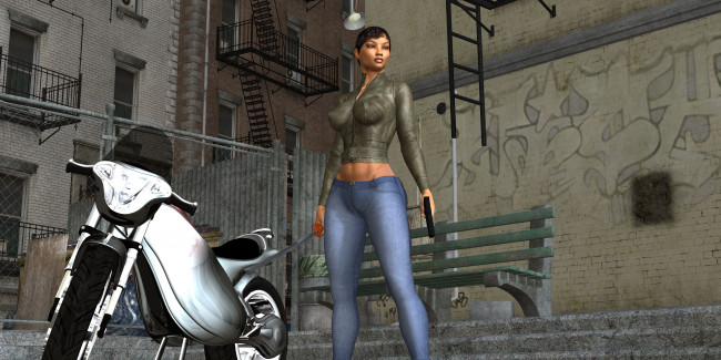 Обои картинки фото 3д графика, люди , people, мотоцикл, оружие, фон, взгляд, девушка