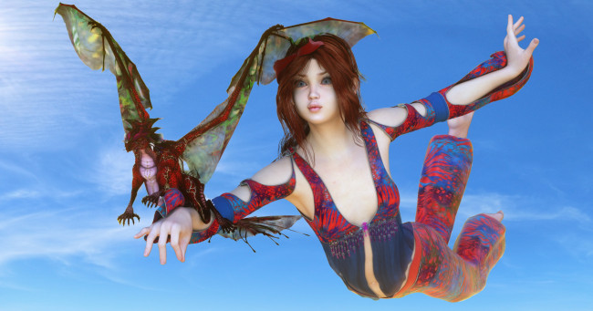 Обои картинки фото 3д графика, фантазия , fantasy, дракон, фон, взгляд, девушка