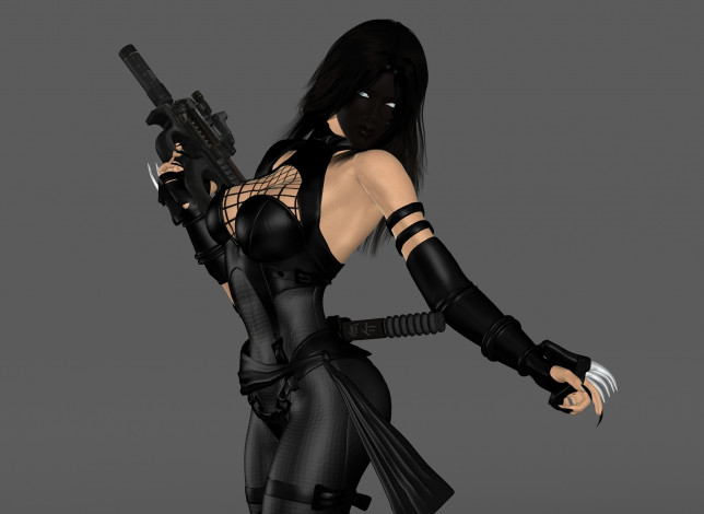 Обои картинки фото 3д графика, фантазия , fantasy, девушка, ниндзя, фон, оружие, взгляд