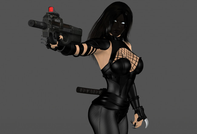 Обои картинки фото 3д графика, фантазия , fantasy, взгляд, ниндзя, девушка, оружие, фон