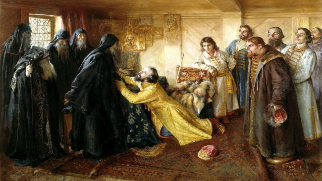 Обои картинки фото царь иван грозный просит игумена кирилла благословить его в монахи, рисованное, клавдий лебедев, царь, свита, священники