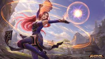 обоя видео игры, metin 2, девушка, фон, взгляд, платье, магия, шар, веер