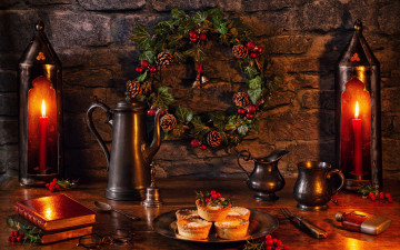 Картинка еда натюрморт свечи кофейник кексы книги