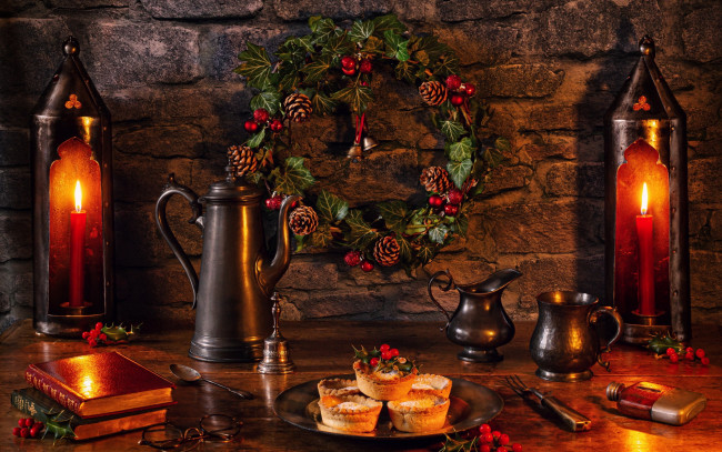 Обои картинки фото еда, натюрморт, свечи, кофейник, кексы, книги