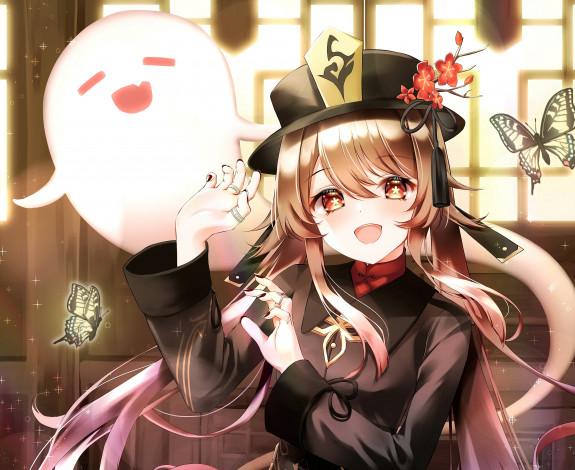 Обои картинки фото аниме, genshin impact, девочка, привидение, бабочки