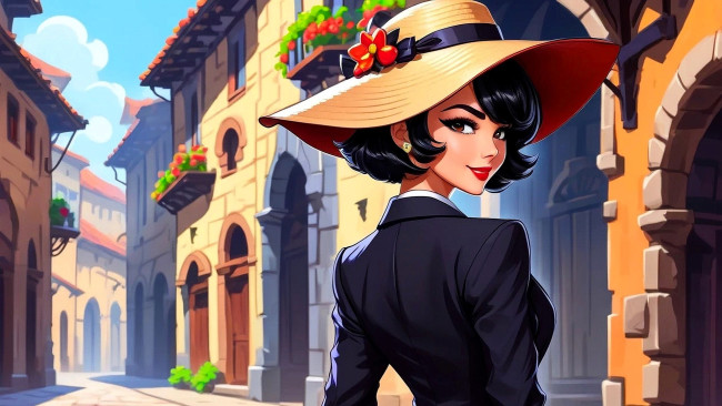 Обои картинки фото рисованное, люди, девушка, шляпа, костюм, город, дома