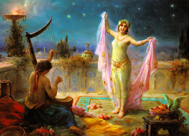 Обои картинки фото рисованное, hans zatzka, женщины, танец, музыка, арфа, ковер
