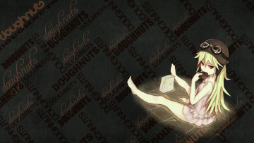 Картинка аниме bakemonogatari девушка oshino+shinobu платье шлем пончик еда