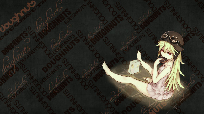 Обои картинки фото аниме, bakemonogatari, девушка, oshino shinobu, платье, шлем, пончик, еда