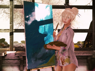 Картинка 3д графика people люди девушка мастерская мольберт краски рубашка кляксы пятна