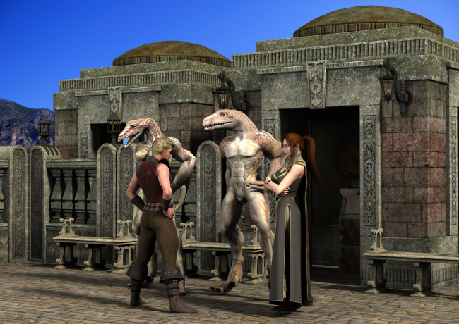 Обои картинки фото 3д, графика, fantasy, фантазия, замок, девушка, существо, мужчина