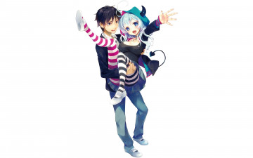 Картинка аниме -angels+&+demons девушка art nama2e радость взгляд парень белый фон смущение