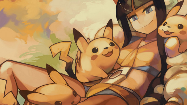 Обои картинки фото аниме, pokemon, пикачу, арт, девушка