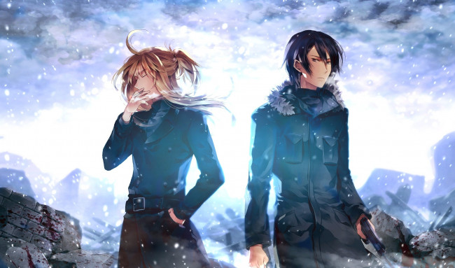 Обои картинки фото аниме, -weapon,  blood & technology, арт, sunakumo, парни, сигарета, дым, кровь, оружие, пистолет, снег, зима