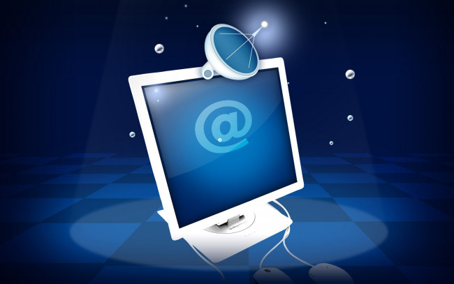 Обои картинки фото компьютеры, -unknown , разное, монитор, стол, антенна, экран, мышка, собака, интернет