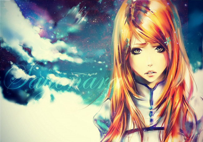 Обои картинки фото аниме, bleach, небо, девушка, helenes, арт, звезды, inoue, orihime, облака