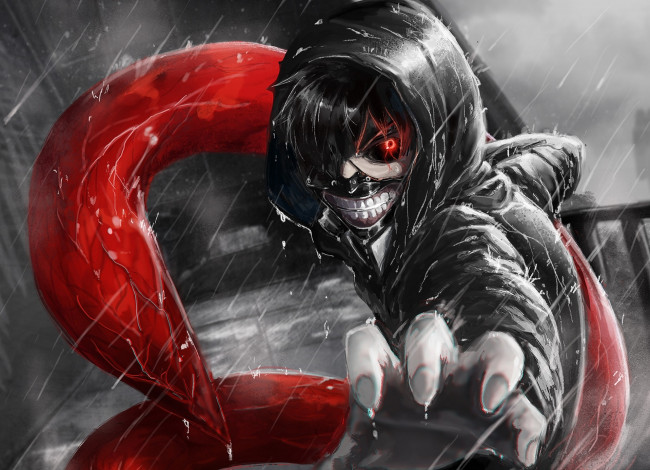 Обои картинки фото аниме, tokyo ghoul, tokyo, ghoul, matsubox, парень, kaneki, ken, взгляд, жест, коготь, дождь, монохромное, art