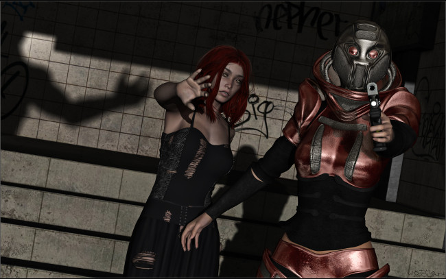 Обои картинки фото 3д графика, фантазия , fantasy, фон, взгляд, девушки, оружие