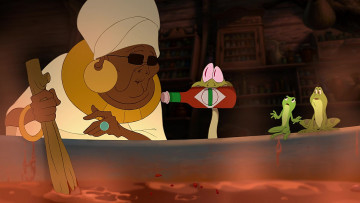 обоя мультфильмы, the princess and the frog, лягушка, очки, кетчуп, змея, негритянка