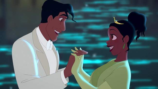 Обои картинки фото мультфильмы, the princess and the frog, девушка, парень, улыбка, любовь