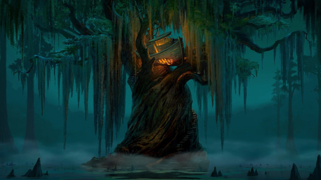 Обои картинки фото мультфильмы, the princess and the frog, корабль, дерево, водоем