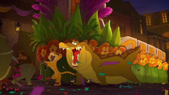 Обои картинки фото мультфильмы, the princess and the frog, костюм, крокодил, люди, цветы, карнавал