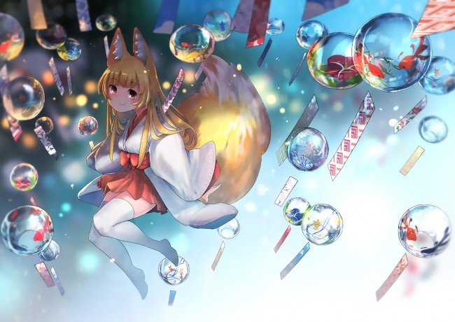 Обои картинки фото аниме, животные,  существа, девушка