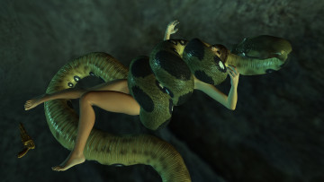 обоя 3д графика, фантазия , fantasy, девушка, змея, фон, взгляд