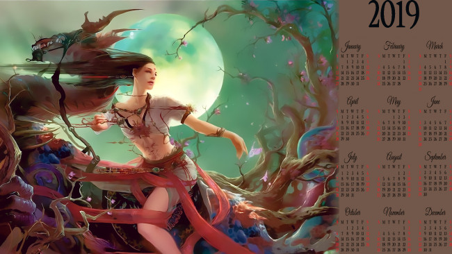 Обои картинки фото календари, фэнтези, существо, женщина, девушка, 2019, calendar