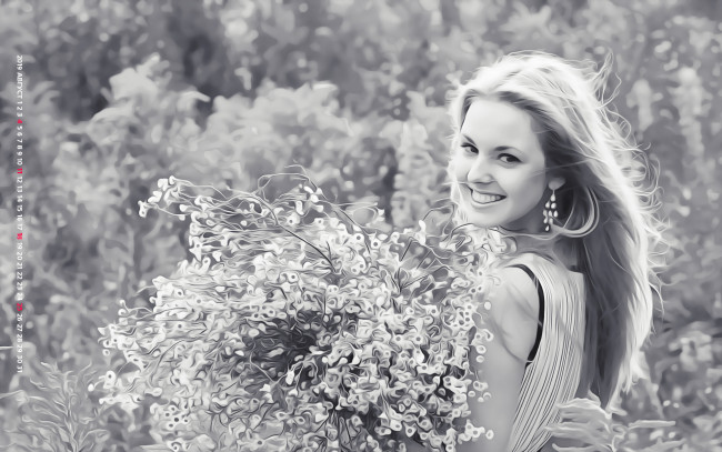 Обои картинки фото календари, компьютерный дизайн, букет, природа, женщина, улыбка, девушка, растение, calendar, 2019