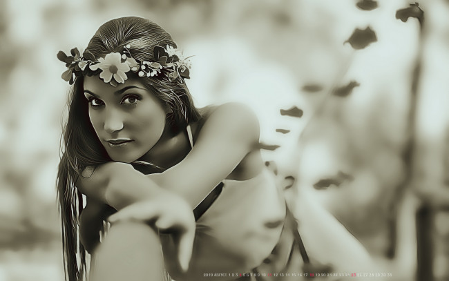 Обои картинки фото календари, компьютерный дизайн, девушка, цветы, венок, взгляд, женщина, calendar, 2019