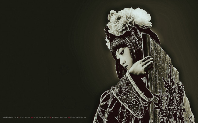 Обои картинки фото календари, компьютерный дизайн, женщина, кимоно, девушка, цветы, азиатка, 2019, calendar