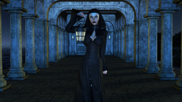 Картинка 3д+графика люди+ people девушка фон взгляд монахиня фонарь