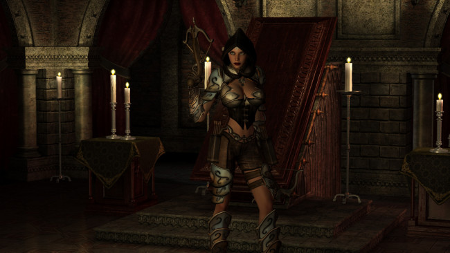 Обои картинки фото 3д графика, фантазия , fantasy, девушка, фон, взгляд, арбалет, униформа