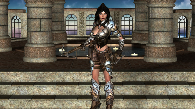 Обои картинки фото 3д графика, фантазия , fantasy, девушка, фон, взгляд, арбалет, униформа