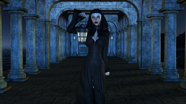 Обои картинки фото 3д графика, люди , people, девушка, фон, взгляд, монахиня, фонарь