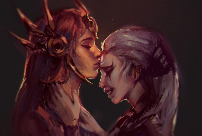 Обои картинки фото видео игры, league of legends, leona, diana, девушки, поцелуй